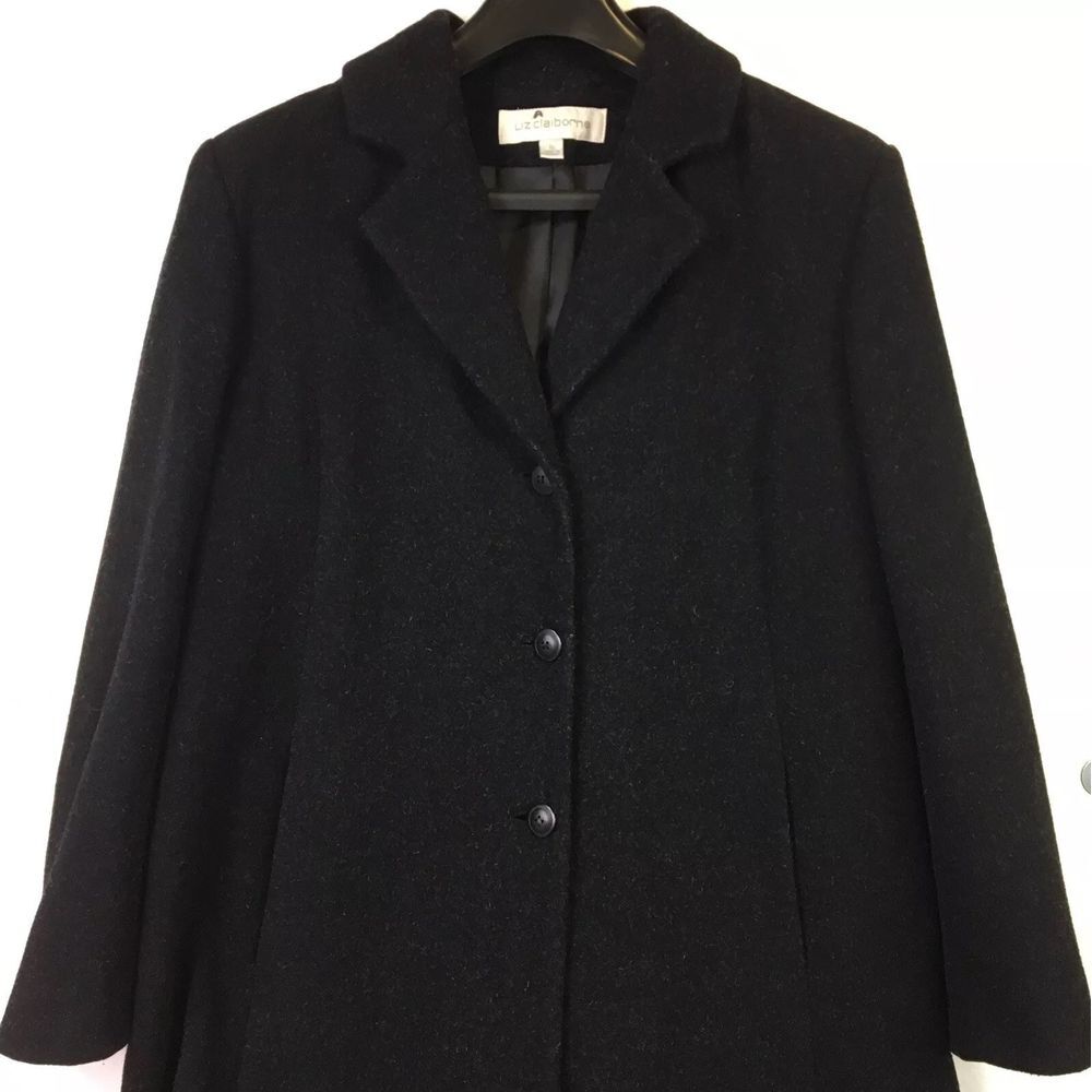 Liz Claiborne 100% Wool Coat Womens‎ Sz 18 Black Pockets Lined Button Up Long
